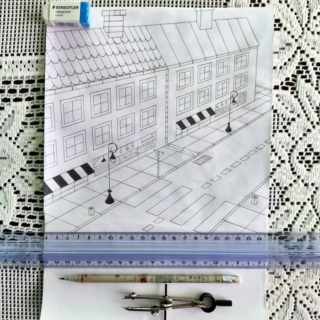 Pencil drawing of a city street