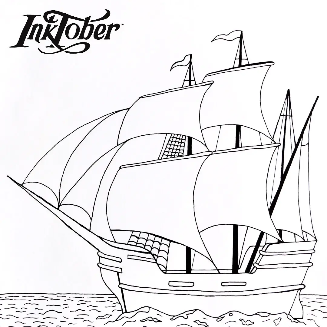 Rysunek "Statek na morzu" narysowany na Inktober